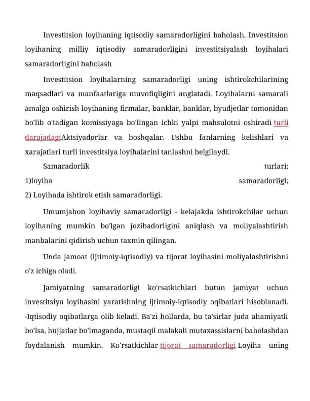 Investitsion loyihalarining iqtisodiy samaradorligini baholash