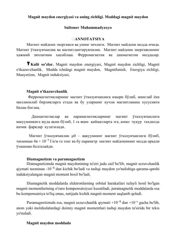 Magnit maydon energiyasi va uning zichligi