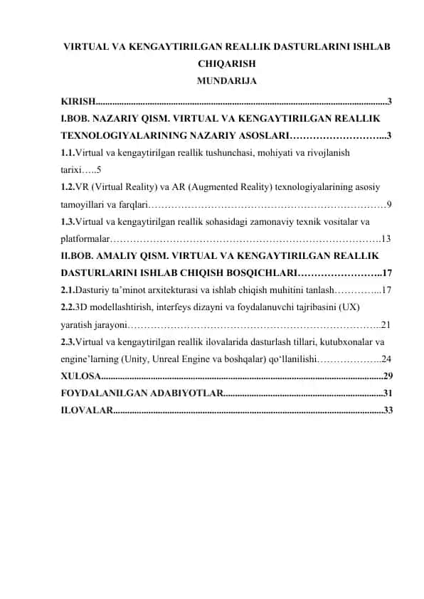 VIRTUAL VA KENGAYTIRILGAN REALLIK DASTURLARINI ISHLAB CHIQARISH
