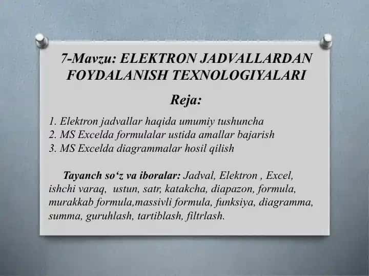 Elektron jadvallardan foydalanishtechnologiyalari
