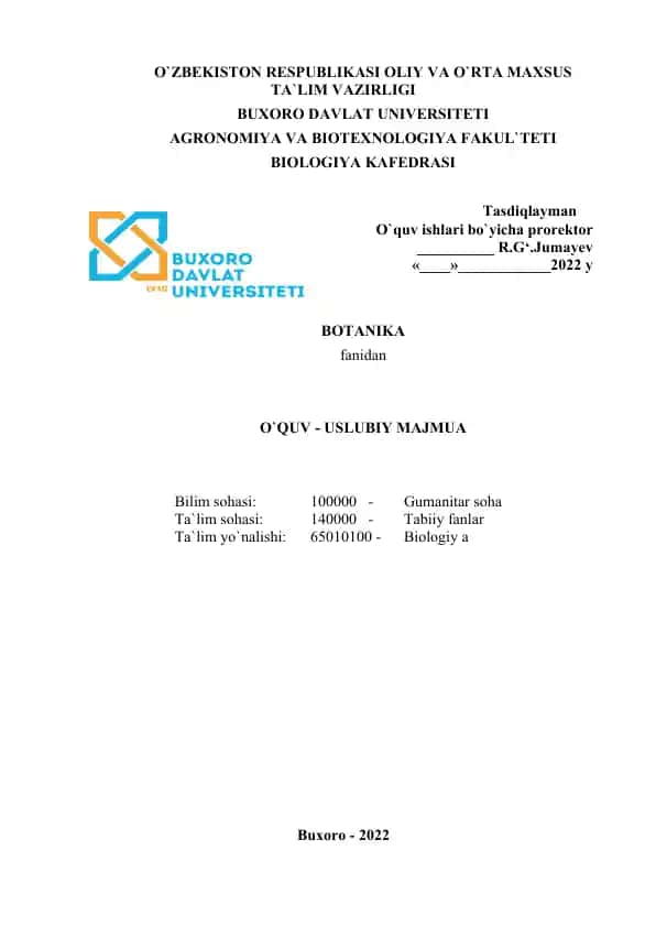 Botanika fanidan O`quv-uslubiy majmua