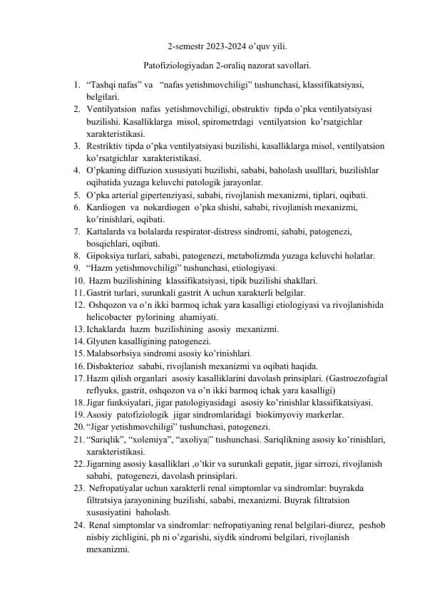 Patofiziologiyadan 2-oraliq nazorat savollari