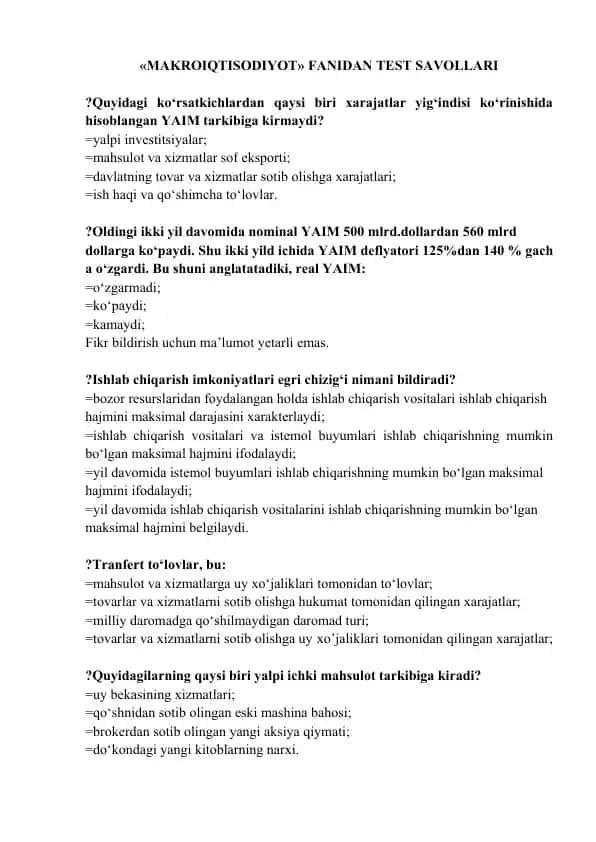 MAKROIQTISODIYOT FANIDAN TЕSTSAVOLLARI