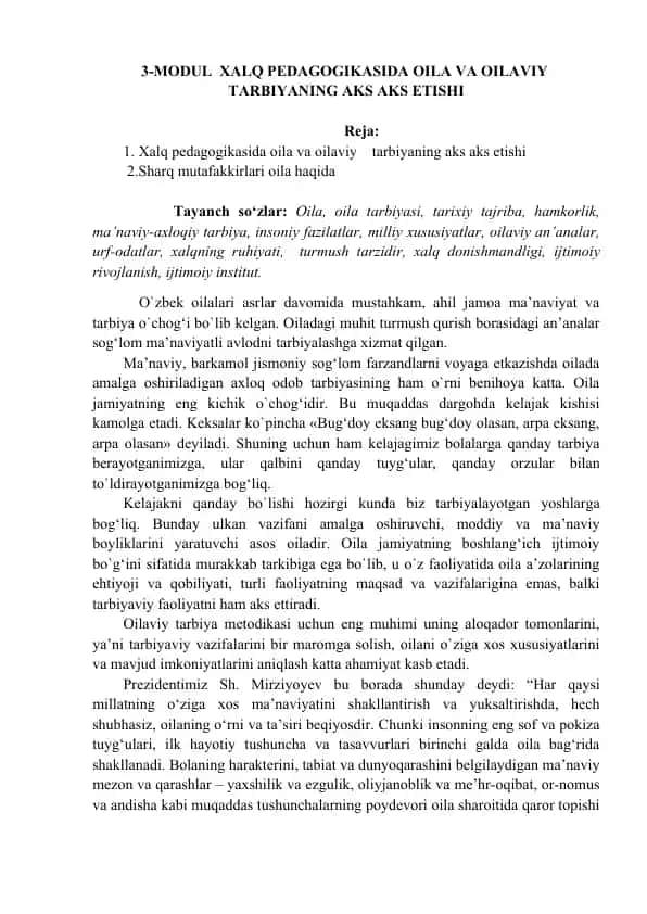 Xalq pedagogikasida oila va oilaviy tarbiyaning aks etishi
