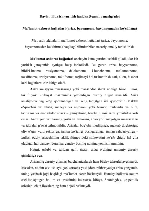 Ma'lumot-axborot hujjatlari (ariza, bayonnoma, bayonnomadan ko‘chirma)