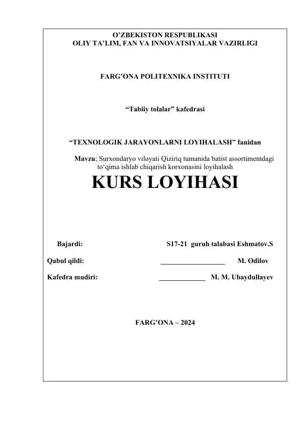 To'qima ishlab chiqarish korxonasini loyihalash kurs loyihasi