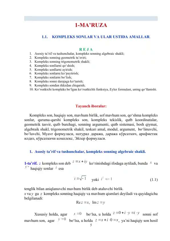 Kompleks sonlar va ular ustida amallar
