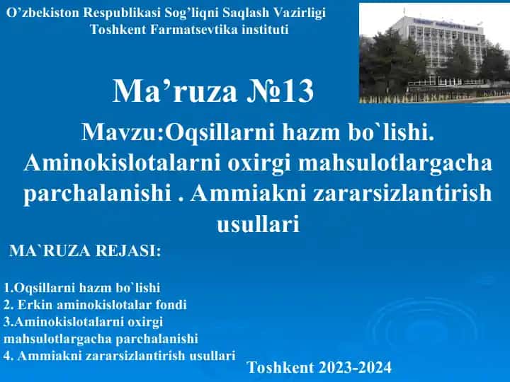 Ma’ruza №13: Oqsillarni hazm bo‘lishi. Aminokislotalarni oxirgi mahsulotlargacha parchalanishi. Ammiakni zararsizlantirish usullari