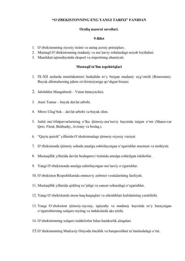O‘ZBEKISTONNING ENG YANGI TARIXI