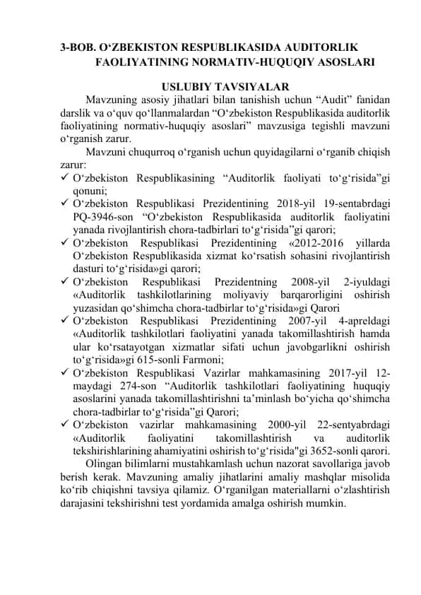 O‘zbekiston Respublikasida Auditorlik Faoliyatining Normativ-Huquqiy Asoslari