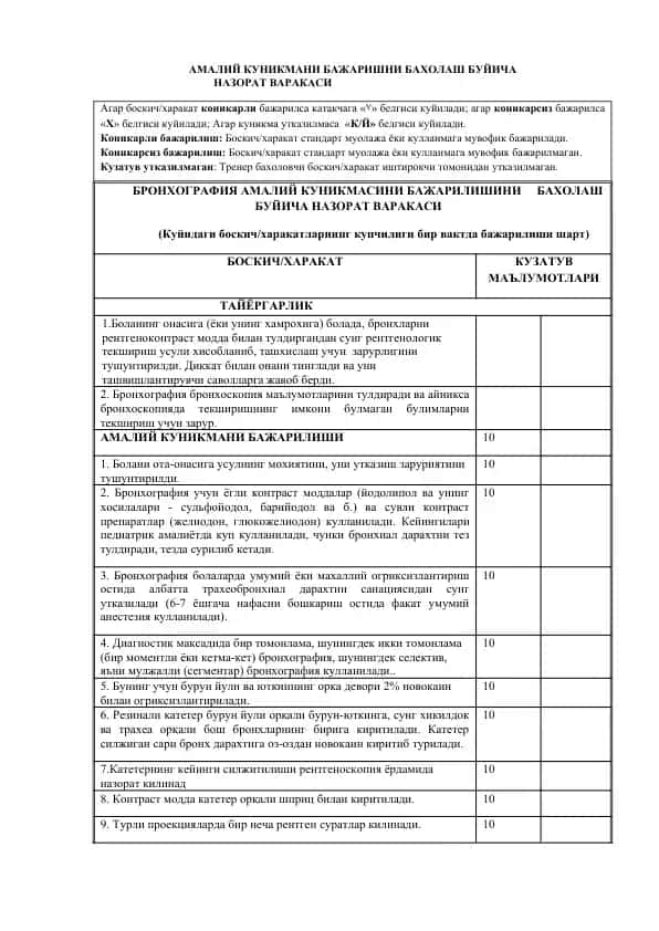 Amaliy kunikmanini bajarishni baholash buyicha nazorat varakasi