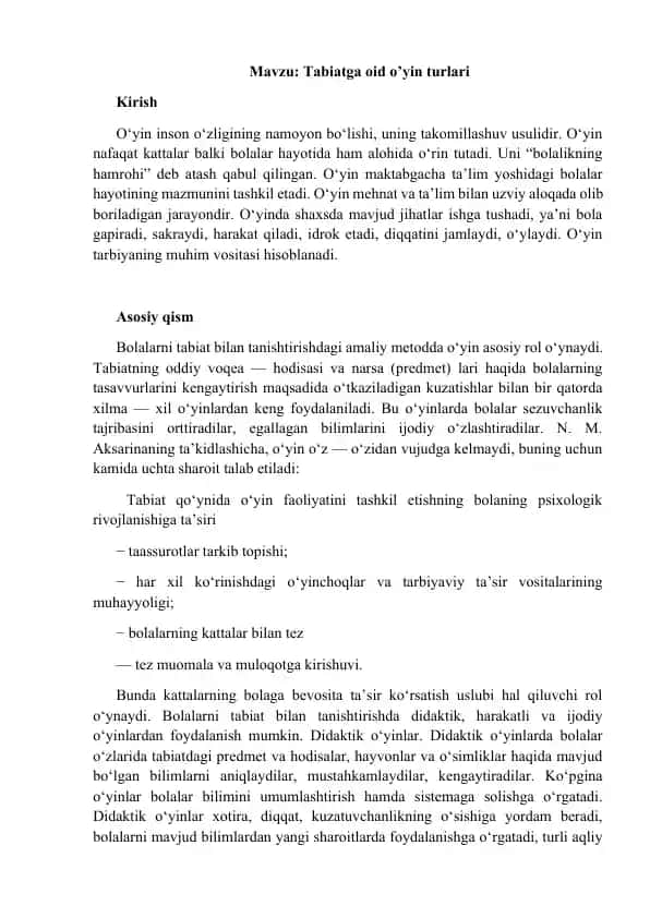 Tabiatga oid o’yin turlari