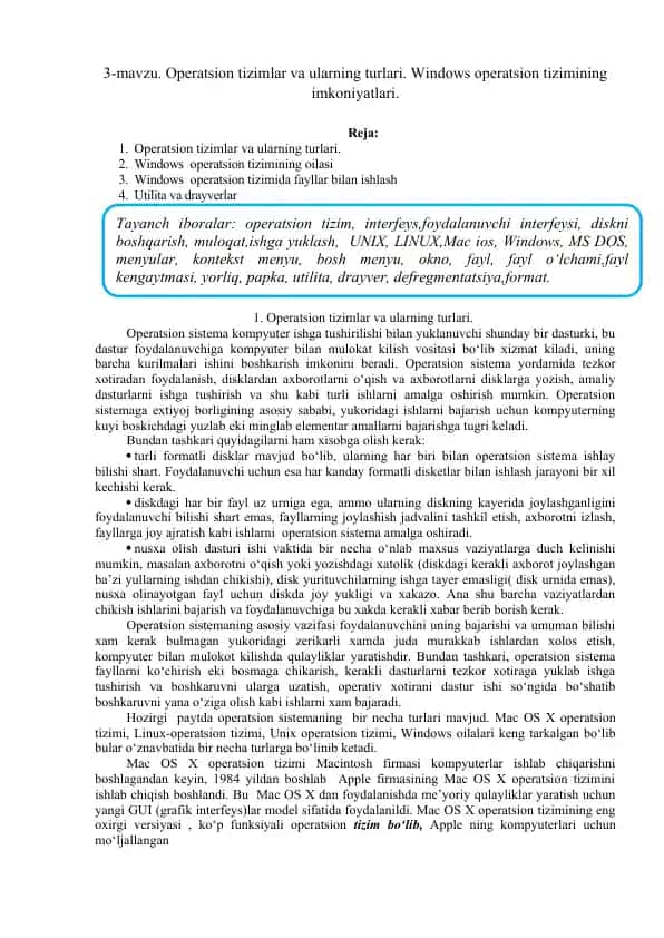 Operatsion tizimlar va ularning turlari. Windows operatsion tizimining imkoniyatlari