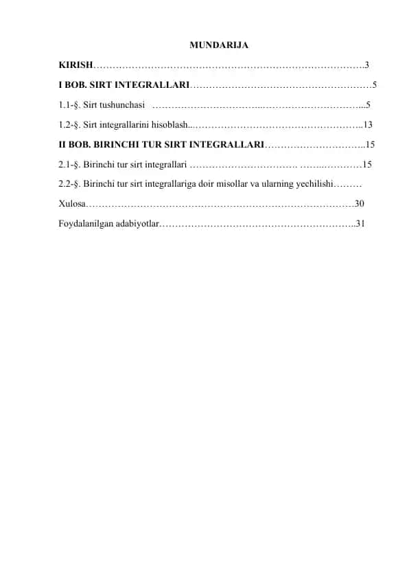 BIRINCHI TUR SIRT INTEGRALLARI