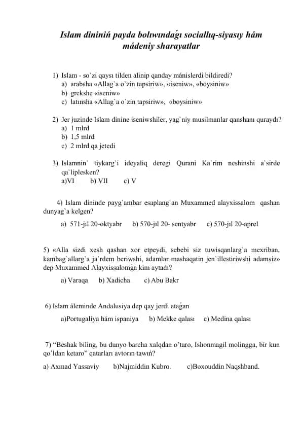 Islam dinini payda boluvi sociallik-siyosiy ham madeniy shartlar