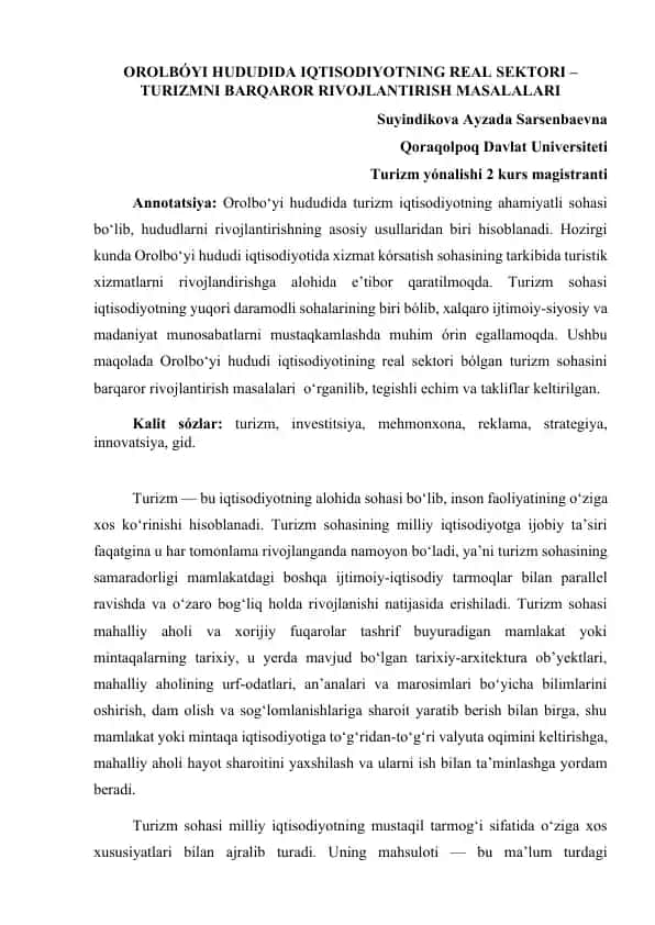 Orolbóyi hududida iqtisodiyotning real sektori – Turizmni barqaror rivojlantirish masalalari