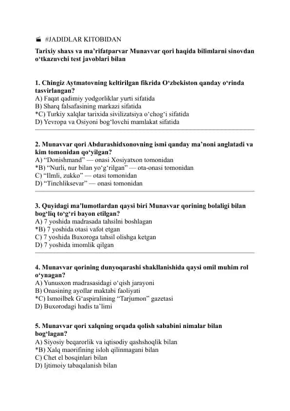 JADIDLAR KITOBIDAN test . Munavvar qori Abdurashidxonov