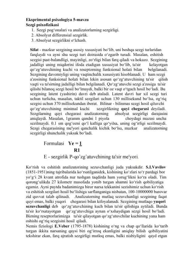 Eksprimental psixologiya 5-mavzu Sezgi psixofizikasi