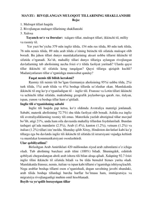 Rivojlangan Muloqot Tillarining Shakllanishi