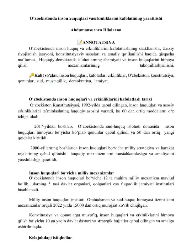 O’zbekistonda inson huquqlari va erkinliklarini kafolatining yaratilishi
