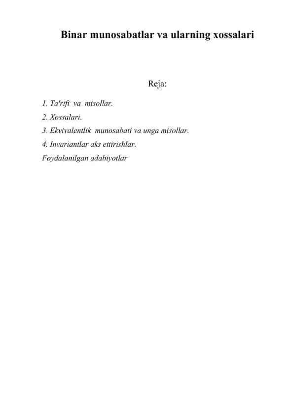 Binar munosabatlar va ularning xossalari