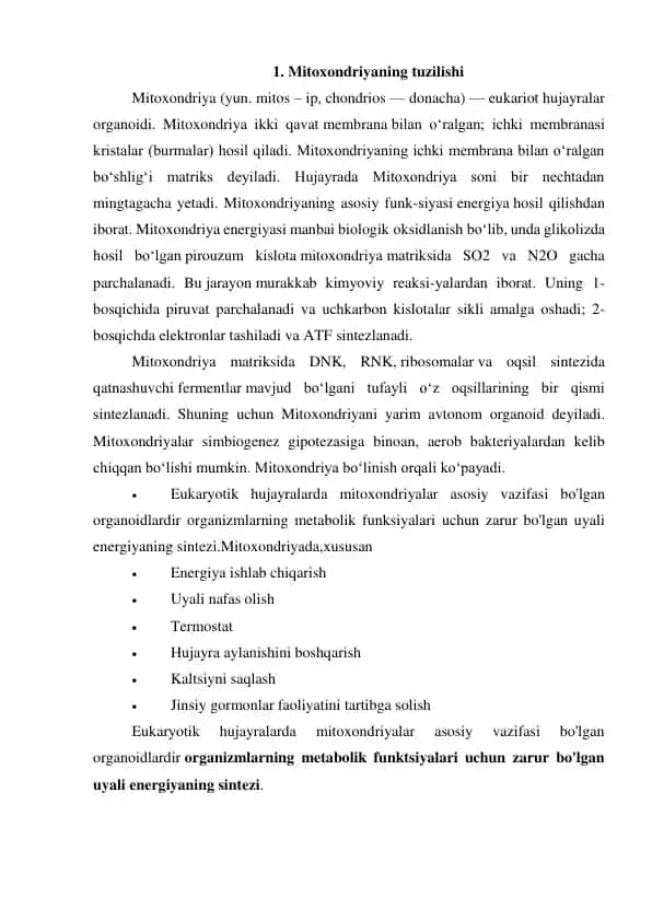Mitoxondriyaning tuzilishi