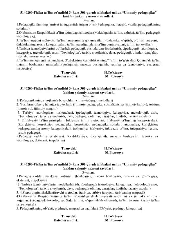 Umumiy pedagogika fanidan yakuniy nazorat savollari