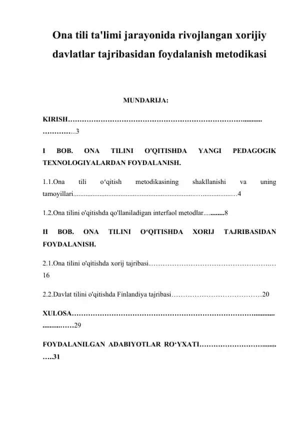 Ona tili ta'limi jarayonida rivojlangan xorijiy davlatlar tajribasidan foydalanish metodikasi