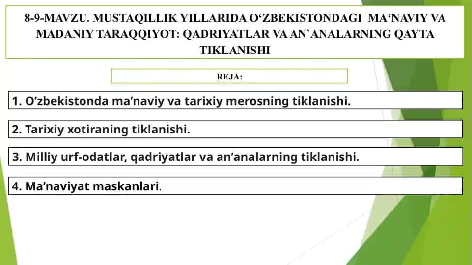 O'zbekiston mustaqillik yillarida ma'naviy va madaniy taraqqiyot: qadriyatlar va an'analarining qayta tiklanishi