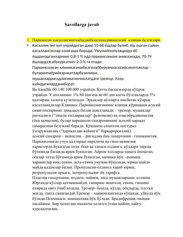 Parkinson kasalligi asosiy klinik belgilar