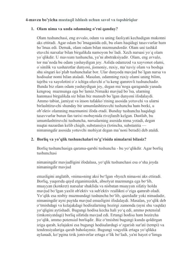 Mustaqil ishlash uchun savol va topshiriqlar