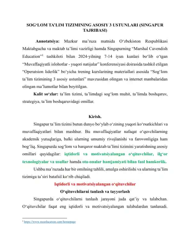 Sog‘lom ta’lim tizimining asosiy 3 ustunlari (Singapur tajribasi)