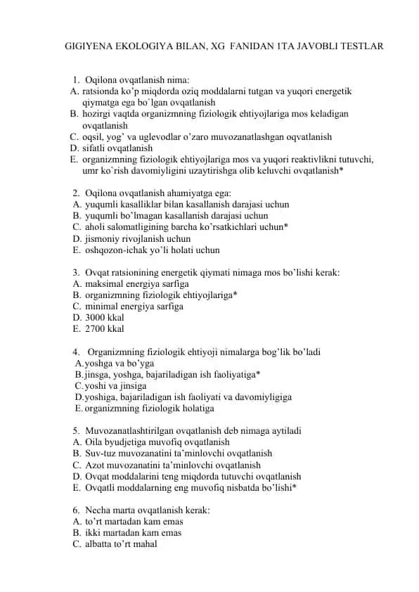 GIGIYENA EKOLOGIYA BILAN, XG FANIDAN 1TA JAVOBLI TESTLAR