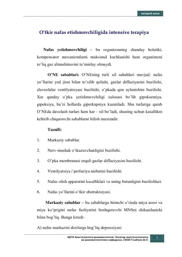 O'tkir nafas etishmovchiligida intensive terapiya