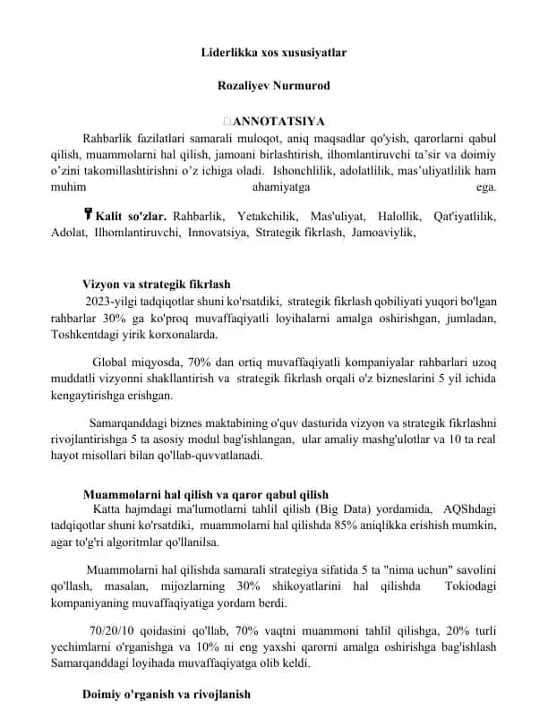 Liderlikka xos xususiyatlar