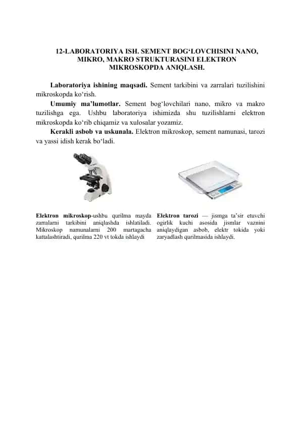 Laboratoriya Ish - Sement Bog'lovnchisini Nano, Mikro, Makro Strukturasini Elektron Mikroskopda Aniqlash