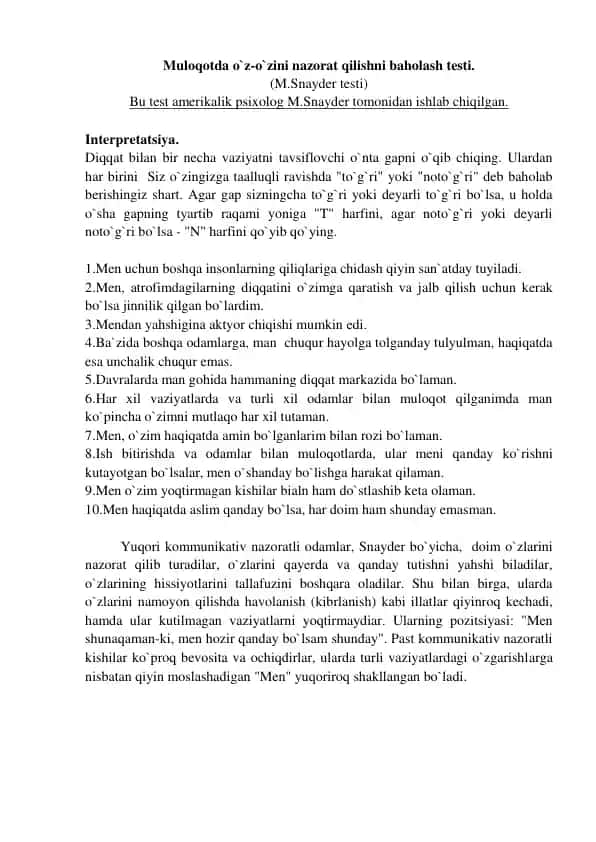 Muloqotda o`z-o`zini nazorat qilishni baholash testi