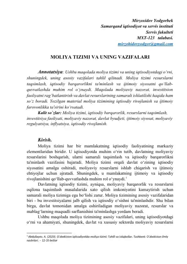 Moliya Tizimi va uning vazifalari