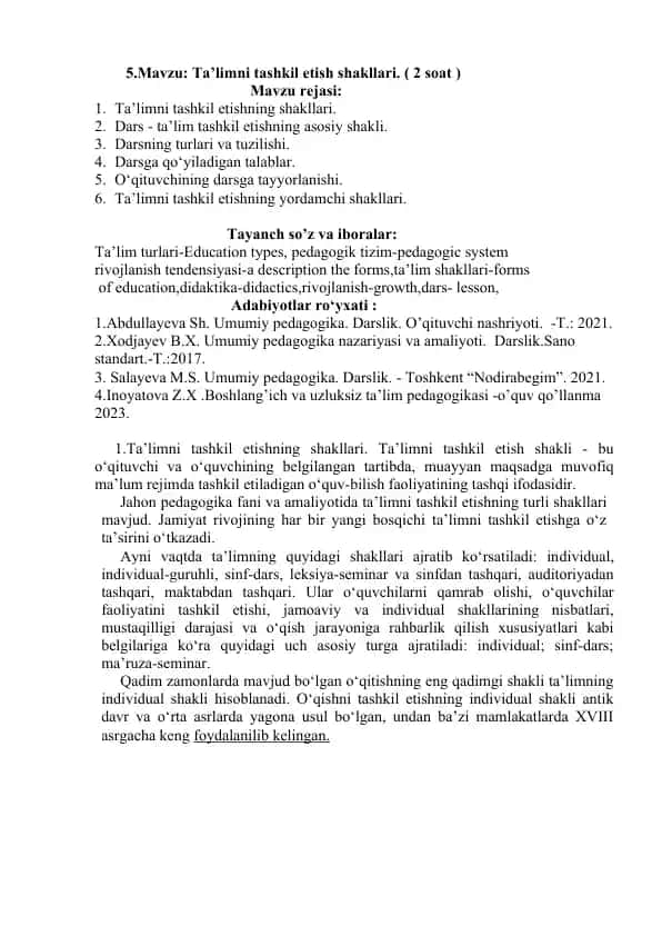 Ta’limni tashkil etish shakllari