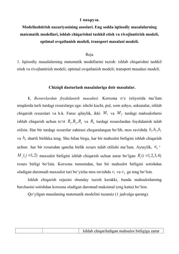 Iqtisodiy masalalarning matematik modellarini tuzish