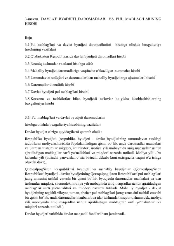 Davlat Byudjeti Daromadlari va Pul Mablag‘larining Hisobi
