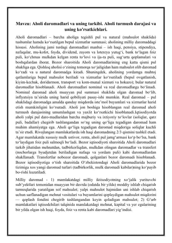 Aholi daromadlari va uning tarkibi. Aholi turmush darajasi va uning ko'rsatkichlari
