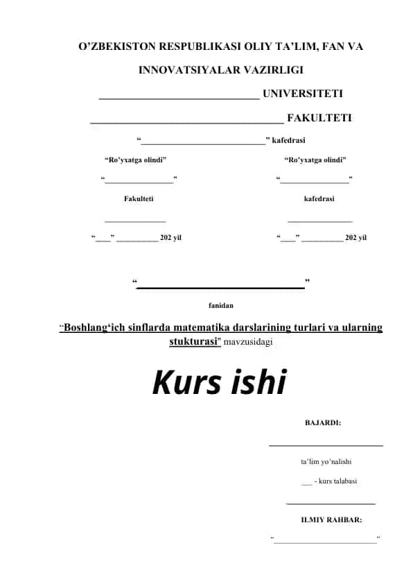 Boshlang‘ich sinflarda matematika darslarining turlari va ularning strukturasi (Kurs ishi)