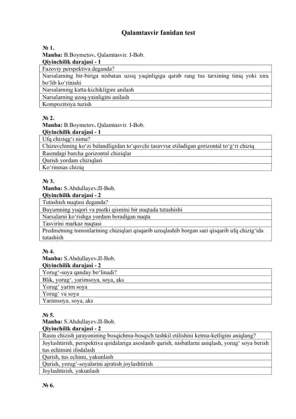 Qalamtasvir fanidan test
