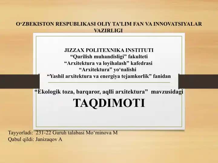 Ekologik toza, barqaror, aqlli arxitektura