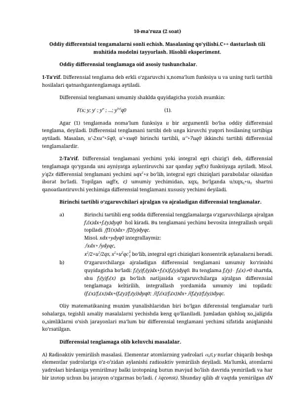 Oddiy differentsial tengamalarni sonli echish