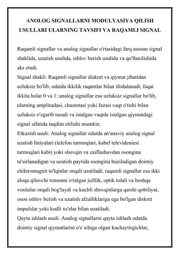 ANOLOG SIGNALLARNI MODULYASIYA QILISH USULLARI
