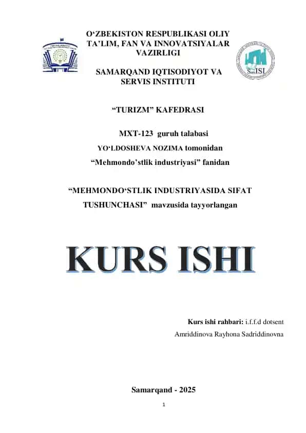 MEHMONDOʻSTLIK INDUSTRIYASIDA SIFAT TUSHUNCHASI