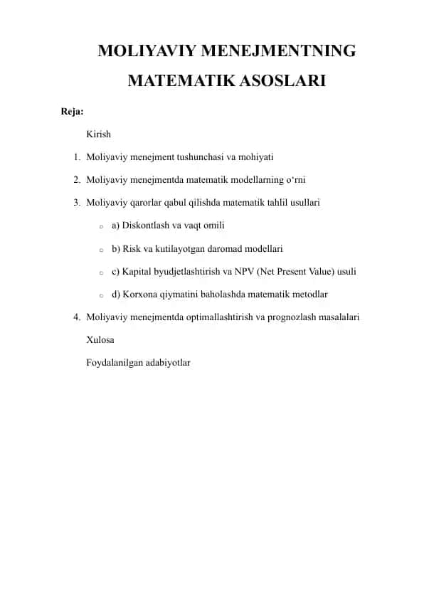 MOLIYAVIY MENEJMENTNING MATEMATIK ASOSLARI