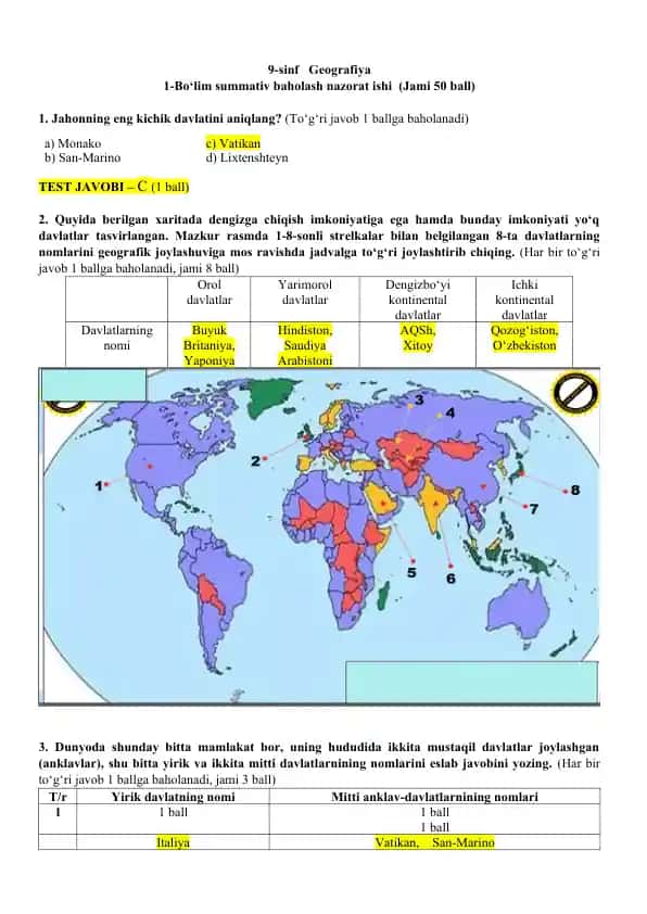 9-sinf Geografiya Bo‘lim summativ baholash nazorat ishi